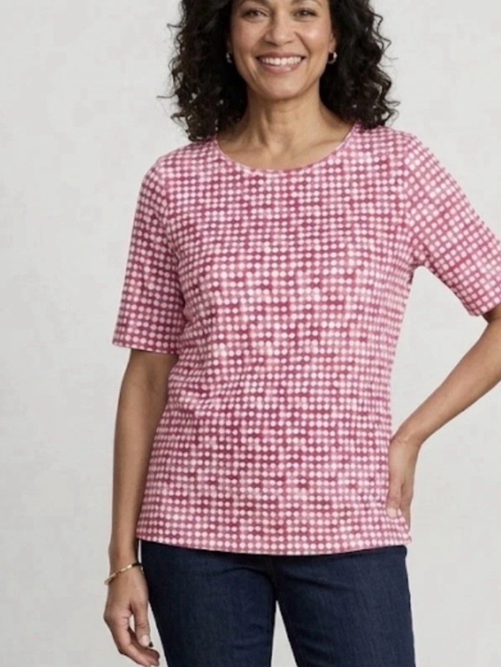NWOT Chico’s 100% Pima Cotton Pink polka Dot Short Sleeved Top Size 2 (12)